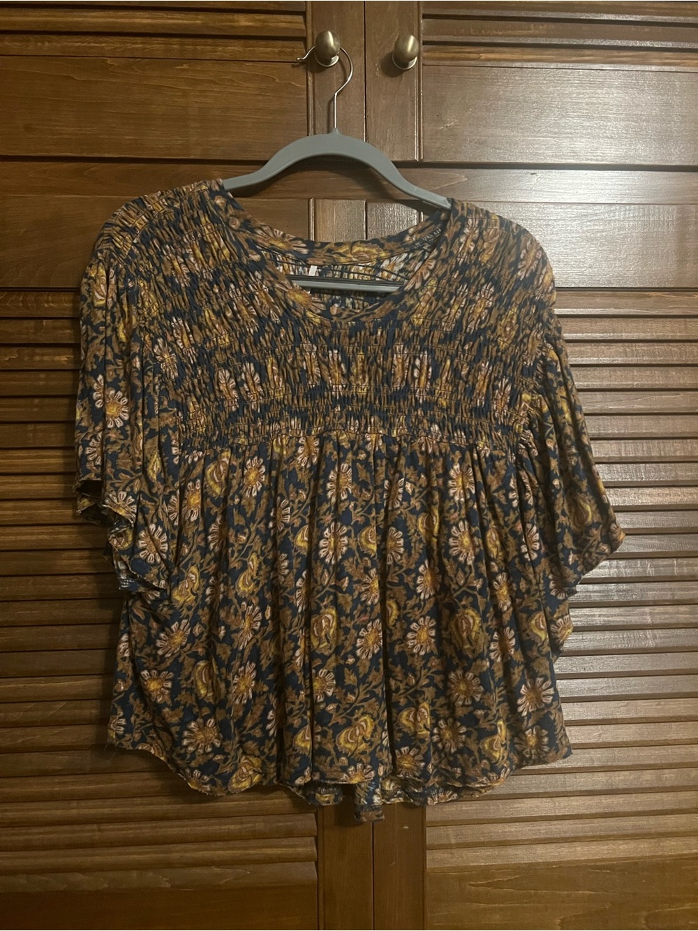 Free People Navy & Mustard Smocked Floral Peasant Top
